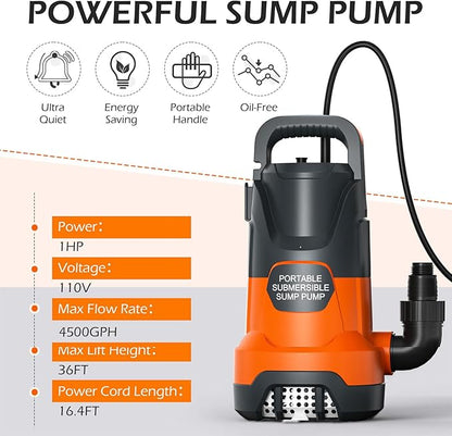 Sump Pump 1HP Clean/Dirty Submersible Water Draining Pump 4500GPH Electric Portable Water Transfer Pumps for Pool Basement Garden Spa Hot Tubs Pond Flood Yard, Orange
