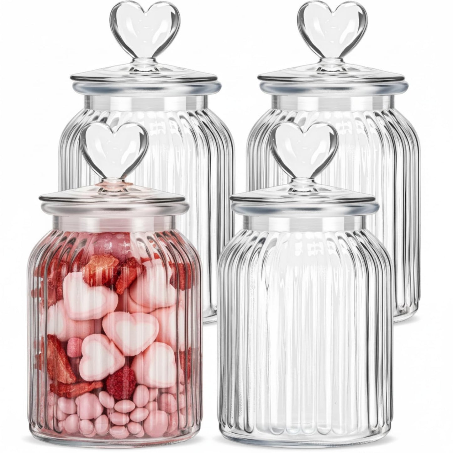 Potchen 4 Sets 32oz Cookie Jars Glass Candy Jar with Heart Lids Decorative Heart Containers Food Storage Canister with Airtight Lid for Valentines Party Table Decoration(Clear Lid)