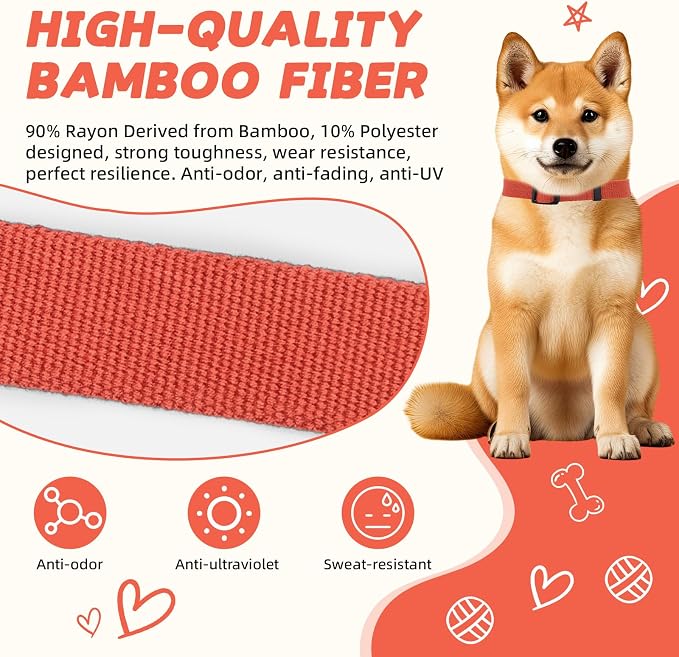 Orange Dog Collar and Leash Set for Small Dogs Soft and Breathable of 90% Rayon from Bamboo and 10% Polyester Comfortable Skin-Friendly, Adjustable Leash Set with Quick Release Buckle