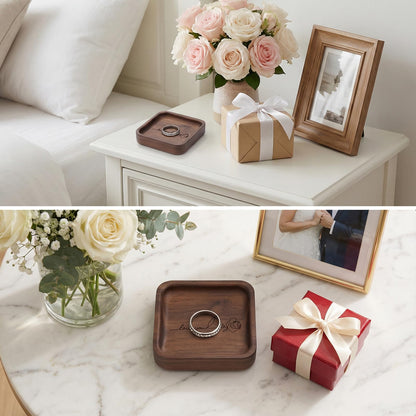 SOITIS Walnut Wooden Ring Tray Wedding Ring Dish Engagement Jewelry Dish for Couples Gift for Anniversary Christmas Birthday-Square