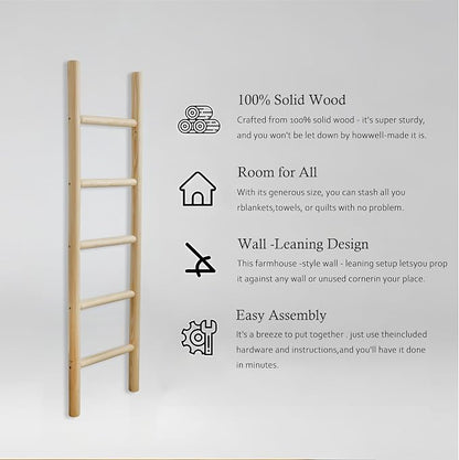 Wooden Blanket Ladder Natural & Motley Wood - Leaning Wall Decor for Bedroom, Bathroom, Living Room - Rustic Quilt Holder & Towel Rack (Light Wood Color, 57in | Fully Assembled)