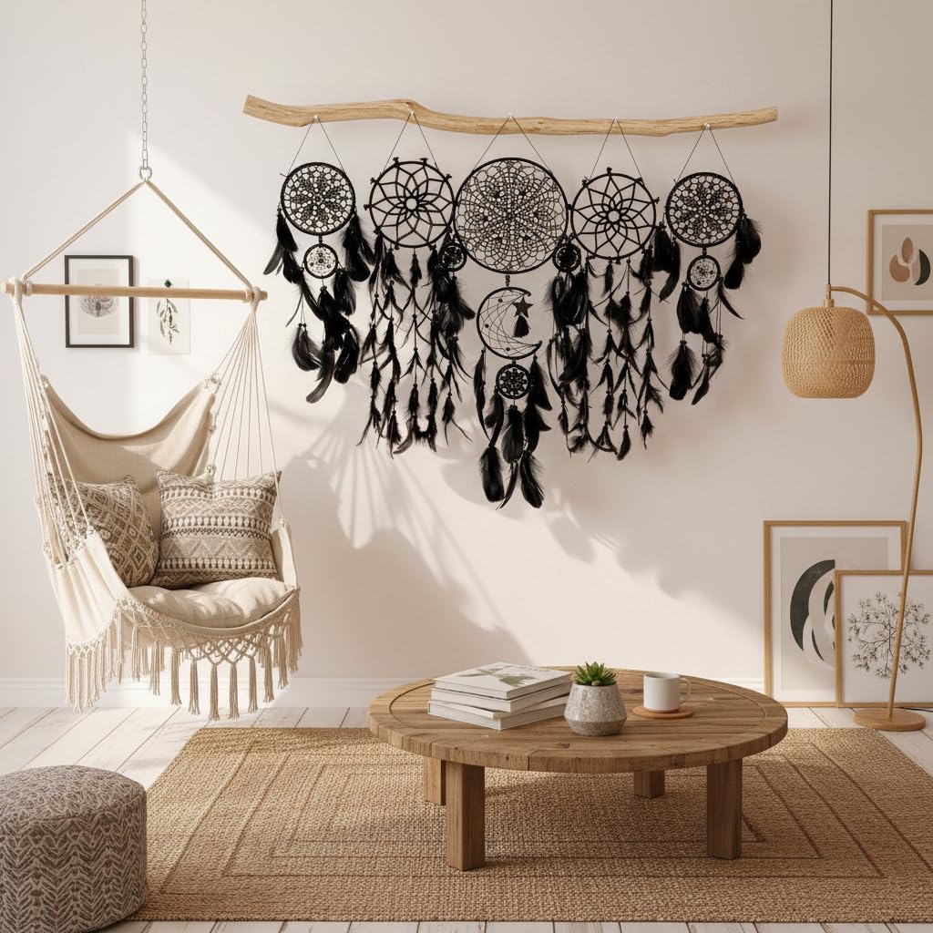 5 Pack Black Dream Catchers Boho Wall Decor Macrame Wall Hanging Large Moon Phase Handmade Traditional Dream Catcher for Bedroom Adult Living Room Home Halloween Decorations,Witchy Gifts(Black Set)