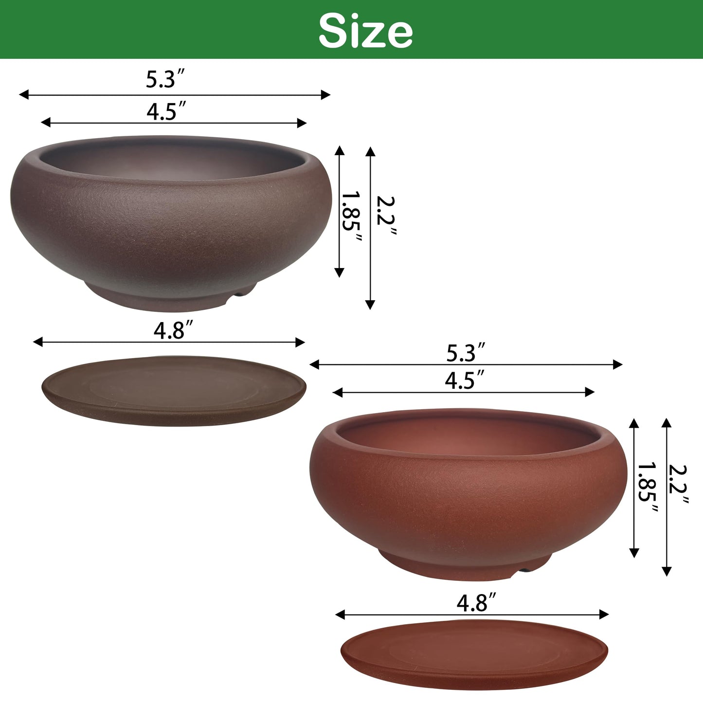 MUZHI 5.3” Round Ceramic Bonsai Starter Pots with Trays Set of 2 Brown and Red, Small Vintage Unglazed Succulent Pots with Saucers Minimalist Classic Mame Bonsai Planter with Drainage