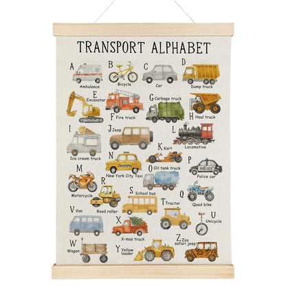 Nrleey Transport Alphabet Poster for Toddlers - ABC Posters for Toddlers, Educational Banner Poster Hanger Frame for Kids, Construction Decor for Boys Room Playroom Wall Art, 12x16 Inches