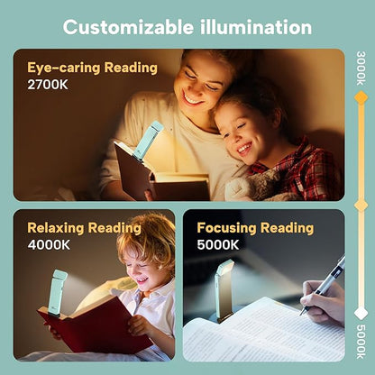 86lux Book Light, Rechargeable Reading Lights for Books in Bed, Ultralight Clip-on LED Bookmark Lamp with 3 Amber Colors & Stepless Dimming for Night Reading for Book Lovers, Kids, Light Blue