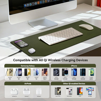 Hi-HONX Wireless Charging Mouse Pad, 15W Fast Charge Magnetic Charger Desk Pad, Large Office Desk Mat (31"x11.7") with Ultra-Smooth Surface, Green Computer Mousepad for MacBook, PC, Laptop