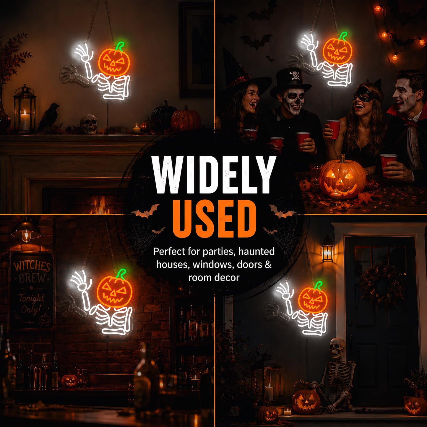 Waving Pumpkin Skeleton Neon Sign, Flashing Halloween Neon Sign, Dimmable Skull Led Light for Wall Decor, Halloween Decorations for Home, Party, Bar, Window