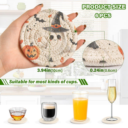 Msyxl Cute Halloween Drink Coasters Set - 6 Pcs Minimalist Woven Coasters with Holder for Home Decor, 3.94 Inch Absorbent Coasters for Drinks