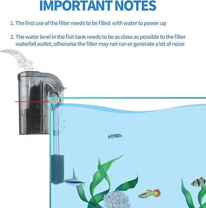 Boxtech Aquarium Hang On Filter - Power Waterfall Suspension Oxygen Pump - Submersible Hanging Activated Carbon Biochemical Wall Mounted Fish Tank Filtration Water (5-10 Gal)