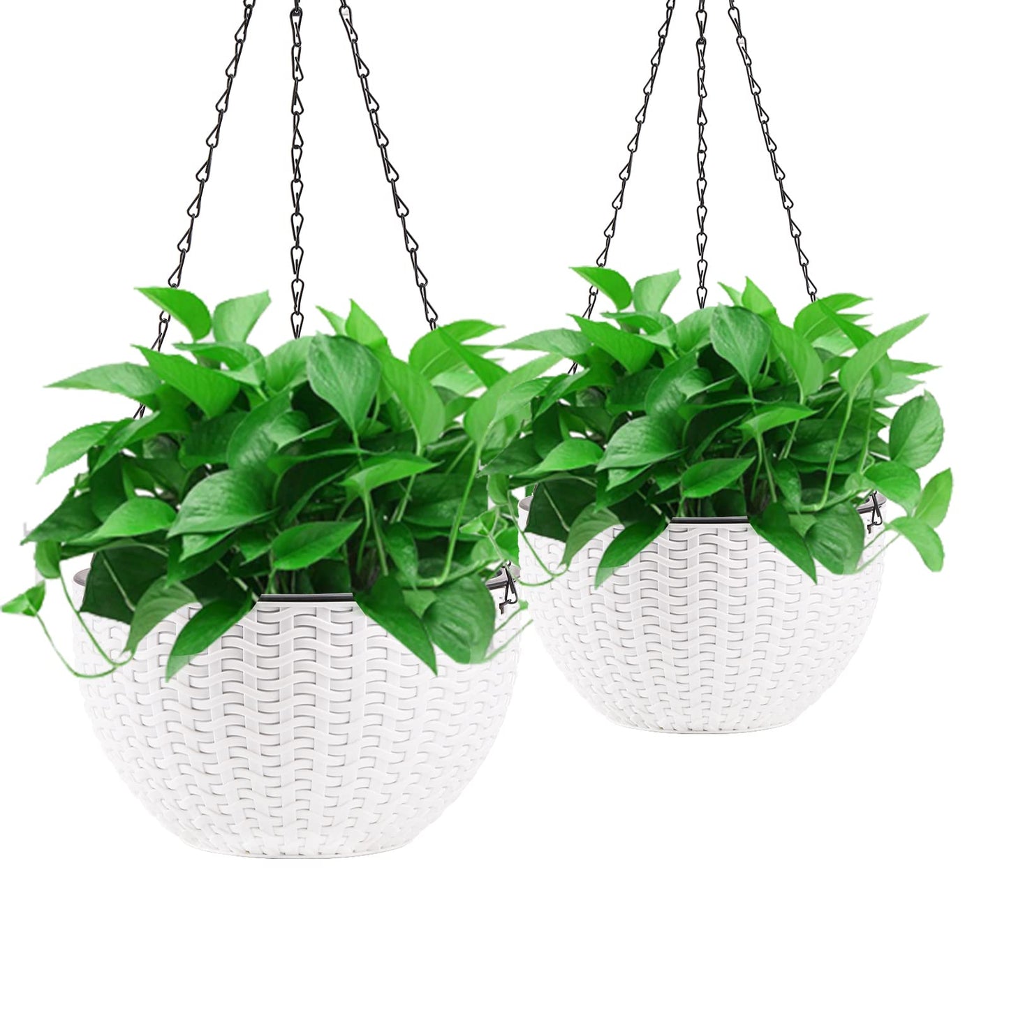 Foraineam 2-Pack Dual-pots Design Hanging Basket Planters Self-Watering Indoor Outdoor Plant & Flower Hanging Pots with Drainer and Chain, 2 Size Assorted (White)