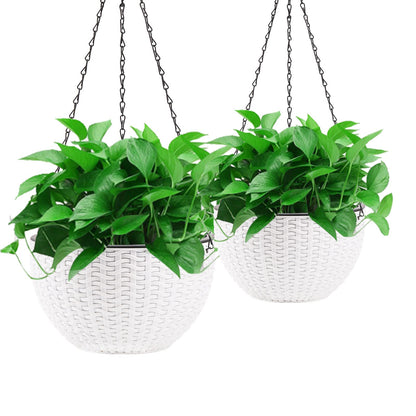 Foraineam 2-Pack Dual-pots Design Hanging Basket Planters Self-Watering Indoor Outdoor Plant & Flower Hanging Pots with Drainer and Chain, 2 Size Assorted (White)