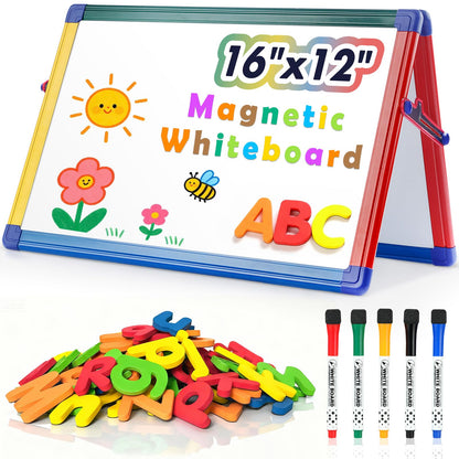 SWANCROWN Portable Dry Erase White Board for Kids, 16x12 inch Toddler Boy Girl Toys Magnetic Table top Whiteboard Small Double Sided Art Easel with 82Pcs Letter Magnets Magnetic Foldable Board