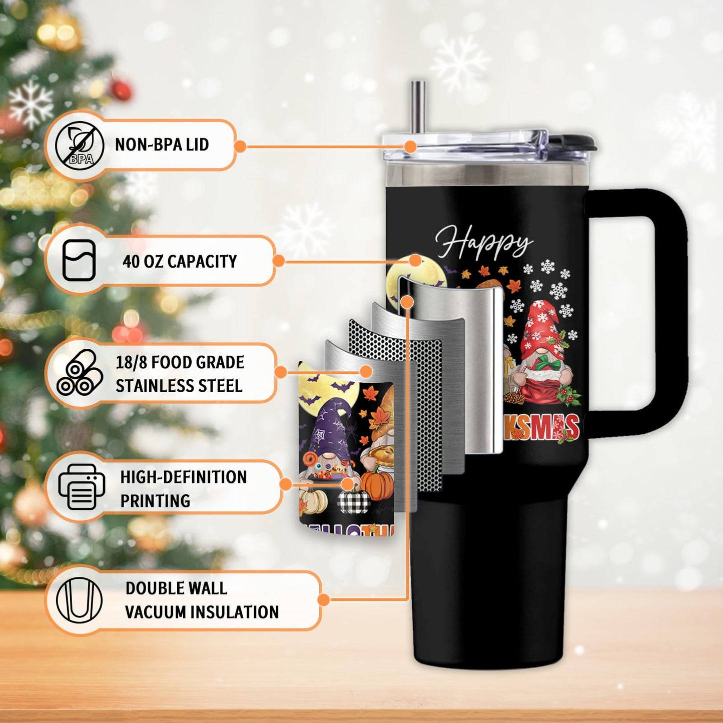Uibunoo Christmas Tumbler with Handle, Gnome Gifts for Women Men, 40 Oz Fall Gnome Pumpkin Travel Tumbler Coffee Cup Water Bottle, Autumn Thanksgiving Christmas Party Gift for Women, 1 PCS