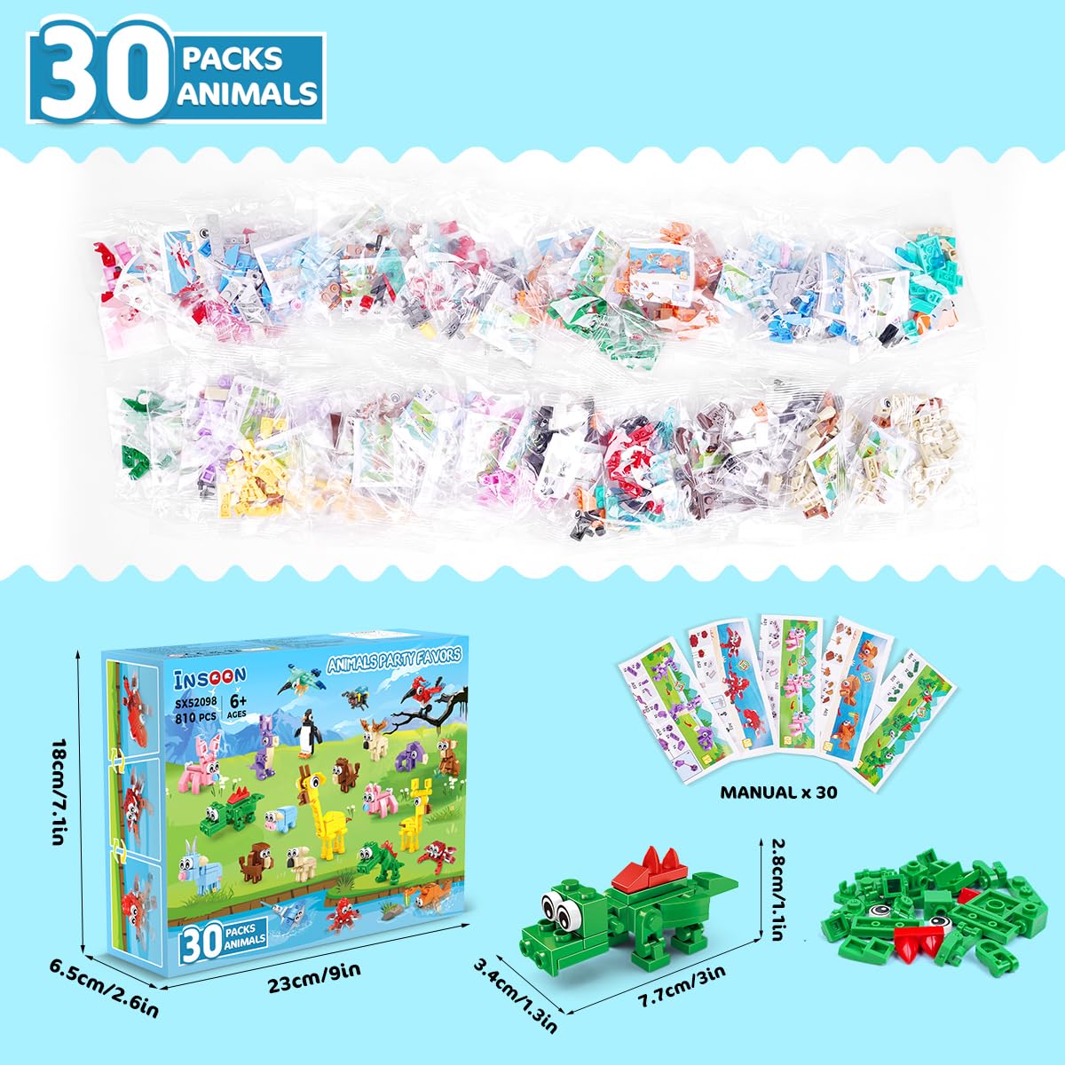 INSOON 30 Packs Animal Party Favors for Kids, 810 PCS Mini Animal Building Block Toy Set for Goodie Bag Fillers Classroom Prizes Easter Birthday Children's Day for Boys Girls Student Ages 6+