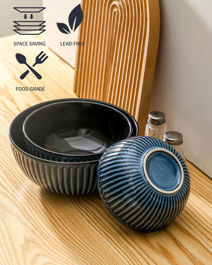 HASENSE Mixing Bowls of 3, Porcelain Ribbed Bowls 1.5/1/0.5 Qt For Kitchen, Cooking, Baking and Serving Prep Bowls for Salad, Pasta, Modern Kitchen Dish Dishwasher & Microwave Safe, Blue