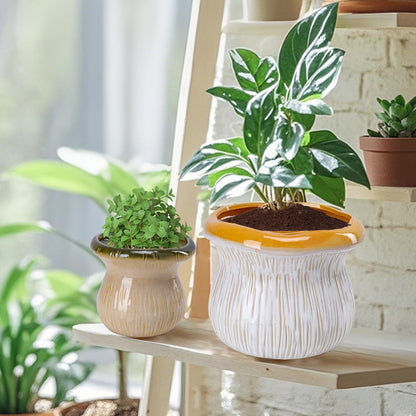 Chonsun 2 Pack Ceramic Plant Pots with Drainage Hole, Two-Tone Textured Planters for Indoor Outdoor Plants, Small Decorative Flower Pots for Succulents Herbs Houseplants