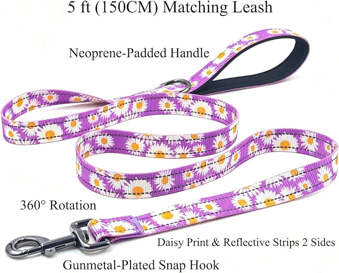 Dog Collar Leash Set, Floral Pattern, with Safety Reflective Strips, 5 ft Matching Leash, Neoprene Padded Handle, Adjustable 4 Sizes for Small Medium Large Dogs.(XS, Purple Daisy)