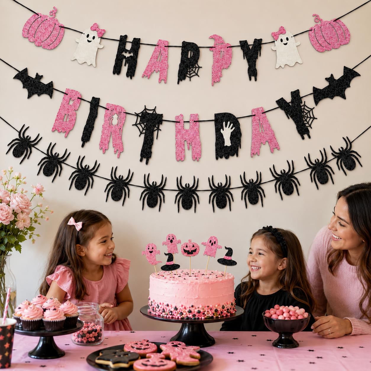 Pink Black Halloween Birthday Decorations, Cute Spooky Happy Birthday Banner with Ghost Pumpkin Bat Spider Garland, Halloween Party Supplies with Cake Toppers for Girls Birthday Party