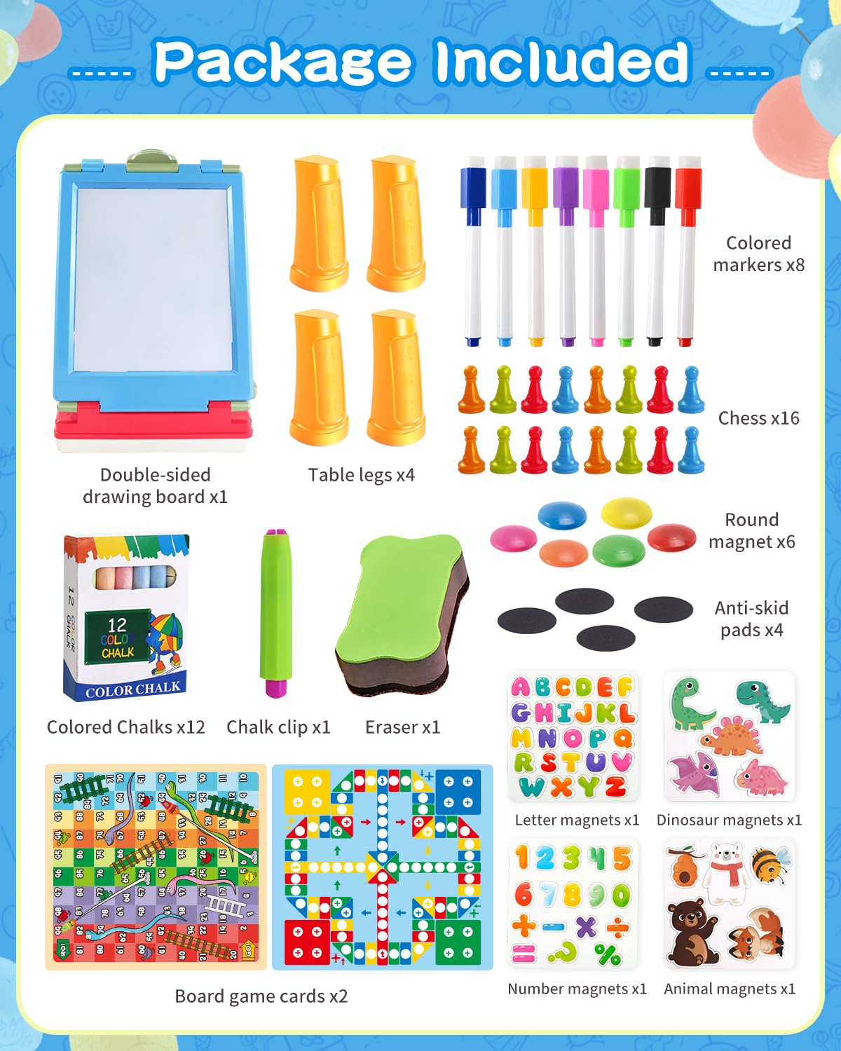 Elovien Easel for Kids, 4 in 1 Double Sided Toddler Art Easel with Chalkboard & Magnetic Whiteboard, Foldable Kids Tabletop Easel with Drawing & Writing Accessories - Gift for Boys and Girls (Blue)