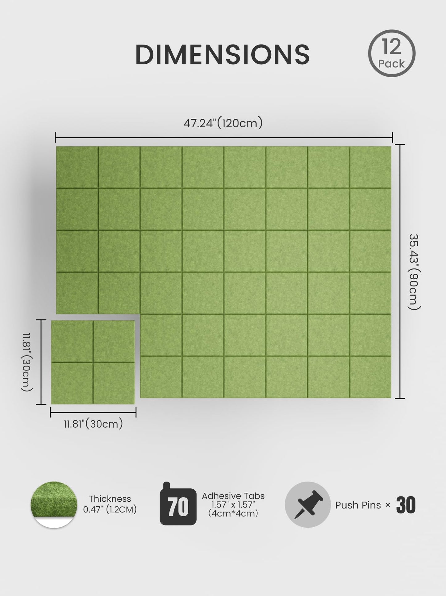 Bumusty Large Felt Bulletin Board, 48" x 36" Cork Board Alternative, 12-Pack Wall Tiles with 4-Compartment Design, 30 Push Pins, 70 Adhesive Tabs, Ideal for Office & Home Decor, Kelly Green