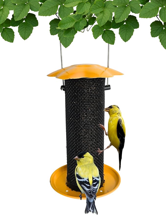 Songbird Essentials Gold Finch Feeder for Outdoor Hanging - Petite Nyjer Thistle Seed Feeder - All Metal - for Finches and Buntings for Outdoor Garden - Bright Yellow