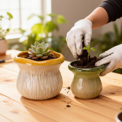 Chonsun 2 Pack Ceramic Plant Pots with Drainage Hole, Two-Tone Textured Planters for Indoor Outdoor Plants, Small Decorative Flower Pots for Succulents Herbs Houseplants