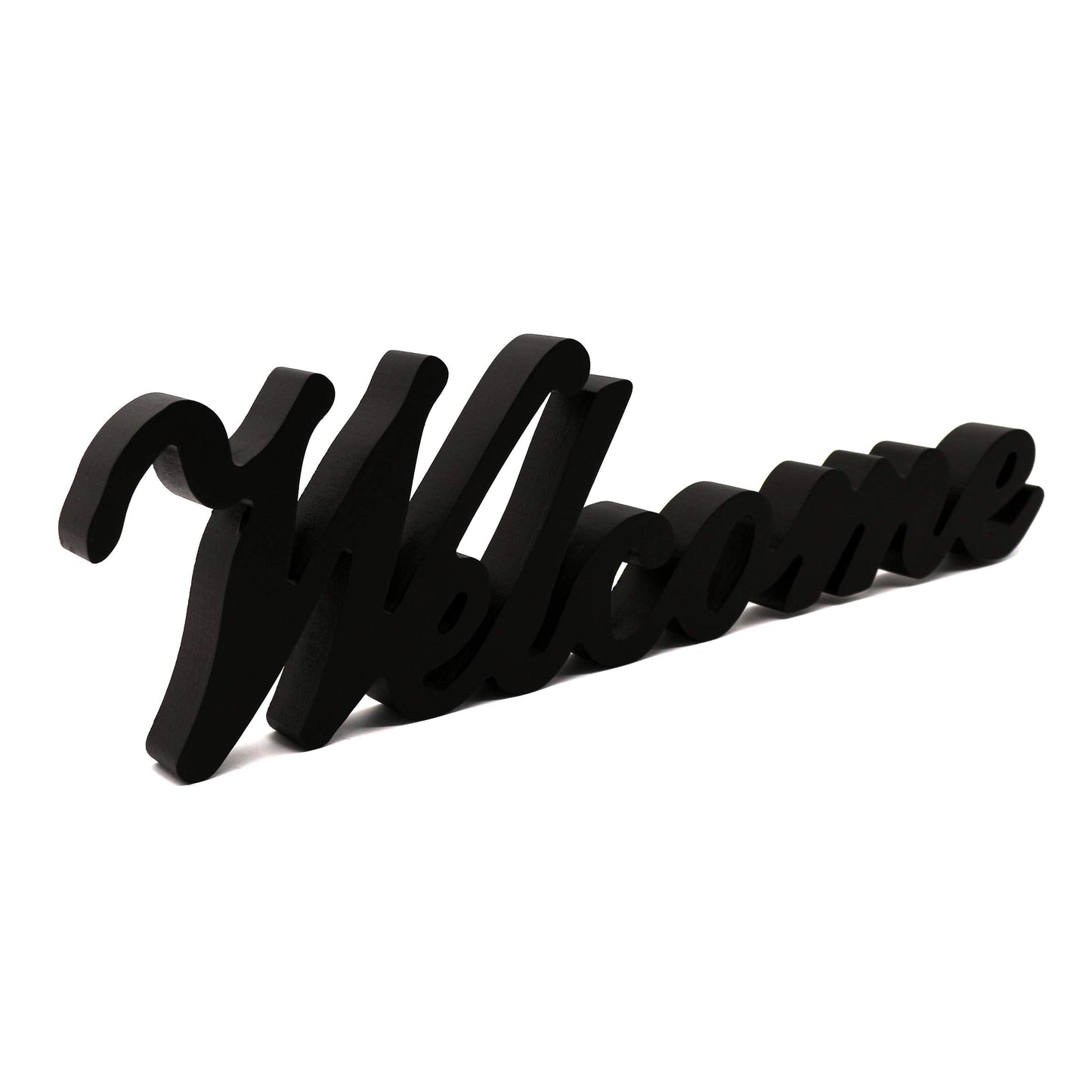 CVHOMEDECO. Matt Black Wooden Words Sign Free Standing "Welcome" Desk/Table/Shelf/Home Wall/Office Decoration Art, 14-1/2 x 4-1/4 x 1 Inch