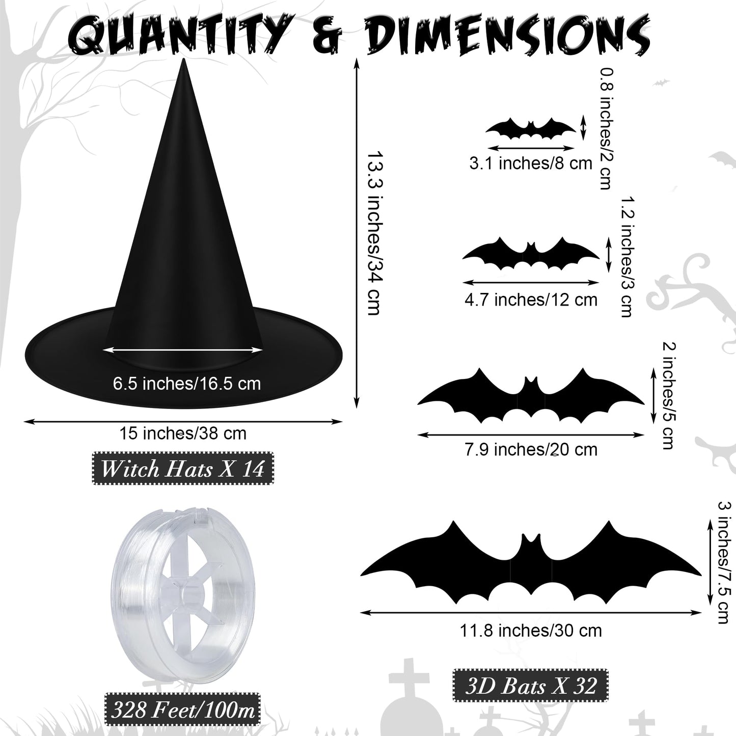 Shojoy 14 Pieces Halloween Black Witch Hats with 32 Pieces 3D Bats Sticker Wall Decor and 328 Feet Hanging Rope Witch Hat Decoration Cosplay Costume Accessory Caps Halloween Fancy Caps Yard Decor