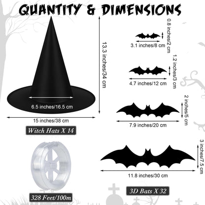 Shojoy 14 Pieces Halloween Black Witch Hats with 32 Pieces 3D Bats Sticker Wall Decor and 328 Feet Hanging Rope Witch Hat Decoration Cosplay Costume Accessory Caps Halloween Fancy Caps Yard Decor