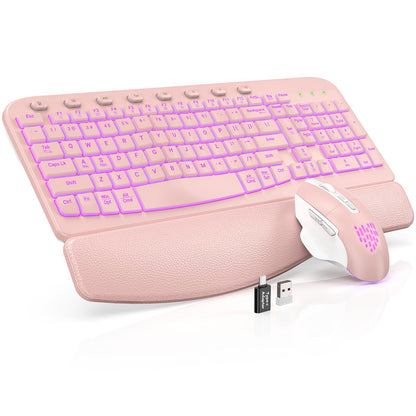 SABLUTE Wireless Keyboard and Mouse Combo Ergonomic - MA12Pro Wave Keyboard with Leather Wrist Rest for Comfortable Typing, RGB Backlit Rechargeable for Windows, Mac, PC, Laptop (Pink)