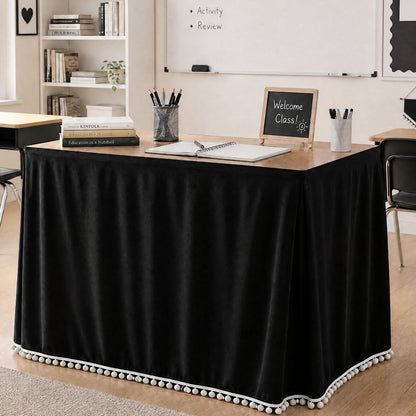 Tudomro Teacher Table Skirt Ruffled Teacher Desk Tablecloth 72" x 30" Ruffle Desk Skirt for School Classroom Office Rectangle Round Table Cover Dessert Decor(Tassel,6ft,Black)