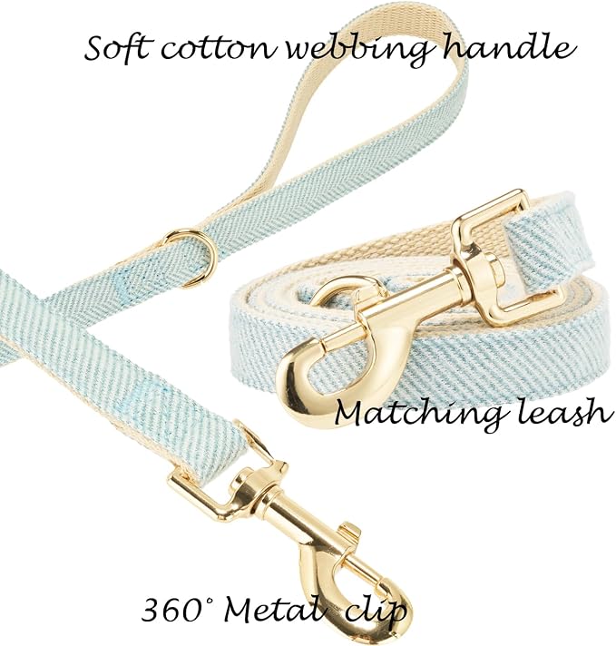 Luxury Soft Cotton Tweed Fabric Dog Collar & Leash Set with Gold Buckle – Durable Fabric, Stylish Design for Everyday Walks(Large LtBlue)
