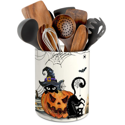 pinata Halloween Kitchen Decor Ceramic Utensil Holder, Cute Halloween Cat Pumpkin Utensils Holder, Ceramic Utensils Crock for Rustic Farmhouse Indoor Kitchen Decorations(6.3 Inches)