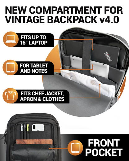 Chef Knife Bag Vintage Backpack VINTAGE, Professional Knife Carrying Case for Chefs & Culinary Students, 30+ Pockets, Holds 10" Knives, Water-Resistant 600D Material (Night Black)