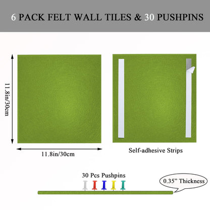Leallace Green Felt Cork Tiles, 24" x 36" Large Cork Board, Bulletin Board for Christmas Decorations, 6 Pack Felt Boards with 30 Pushpins, Cork Boards for Office, Classroom, Home