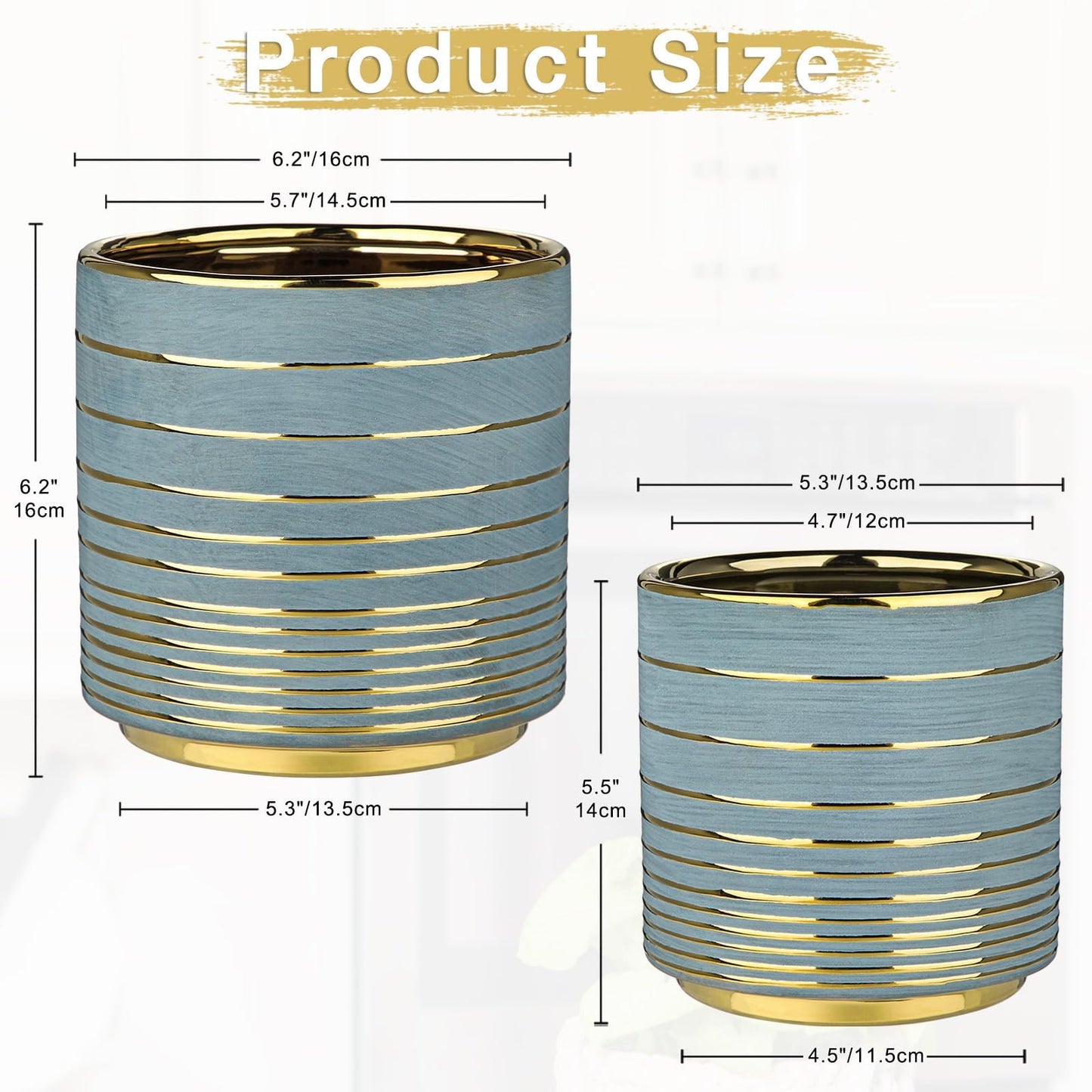 GnFlus Grey Ceramic Plant Pots, 5.5 + 6.2 Inch Gold Striped Planter for Plants, Modern Flower Pots for Home and Office, Indoor Planters with Drainage Set of 2