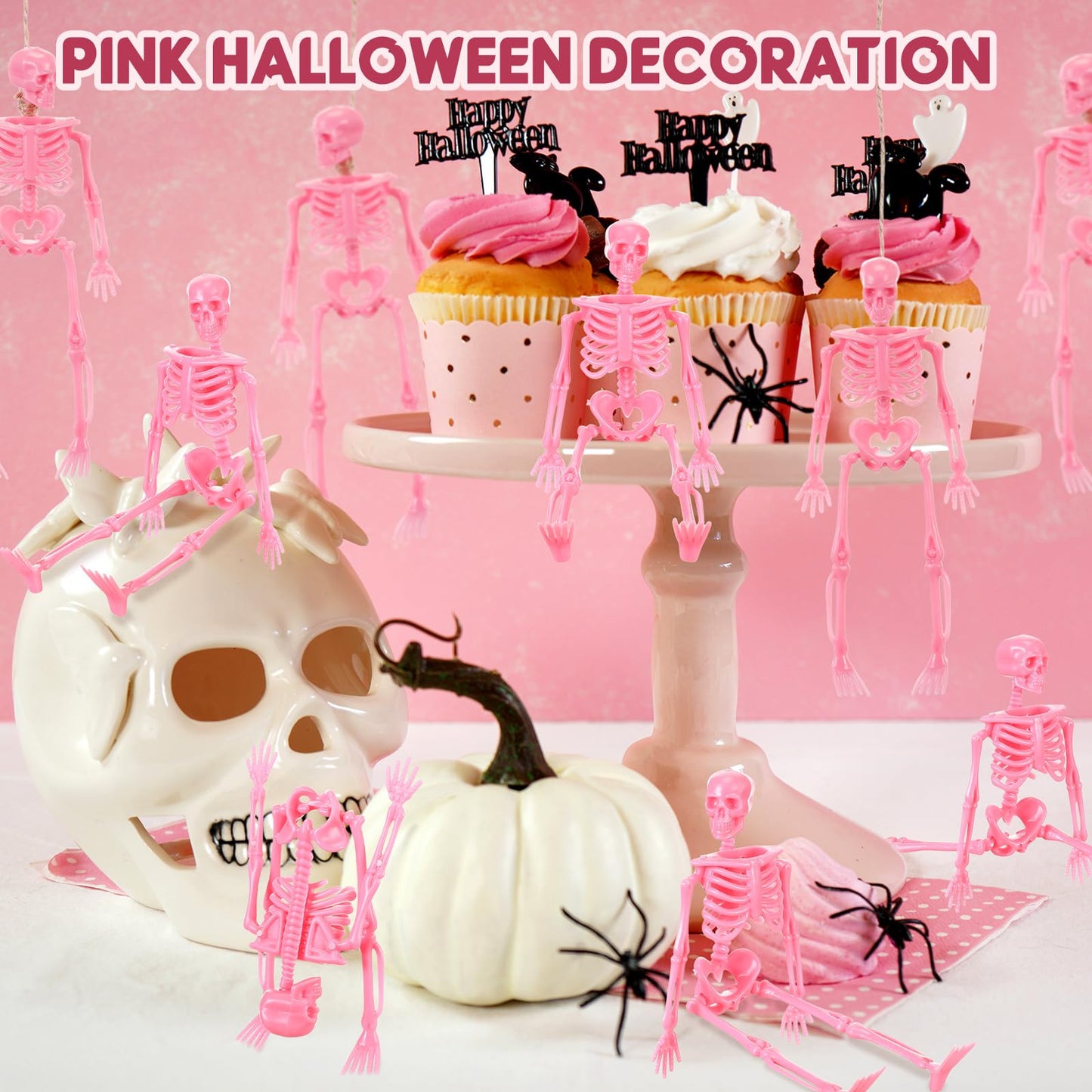 Jetec Halloween Mini Skeleton Pink Decor with Jute Rope 6 Inch Small Skeletons Plastic Skeleton Decorations for Craft Accessories Party Favors (12 Pcs)