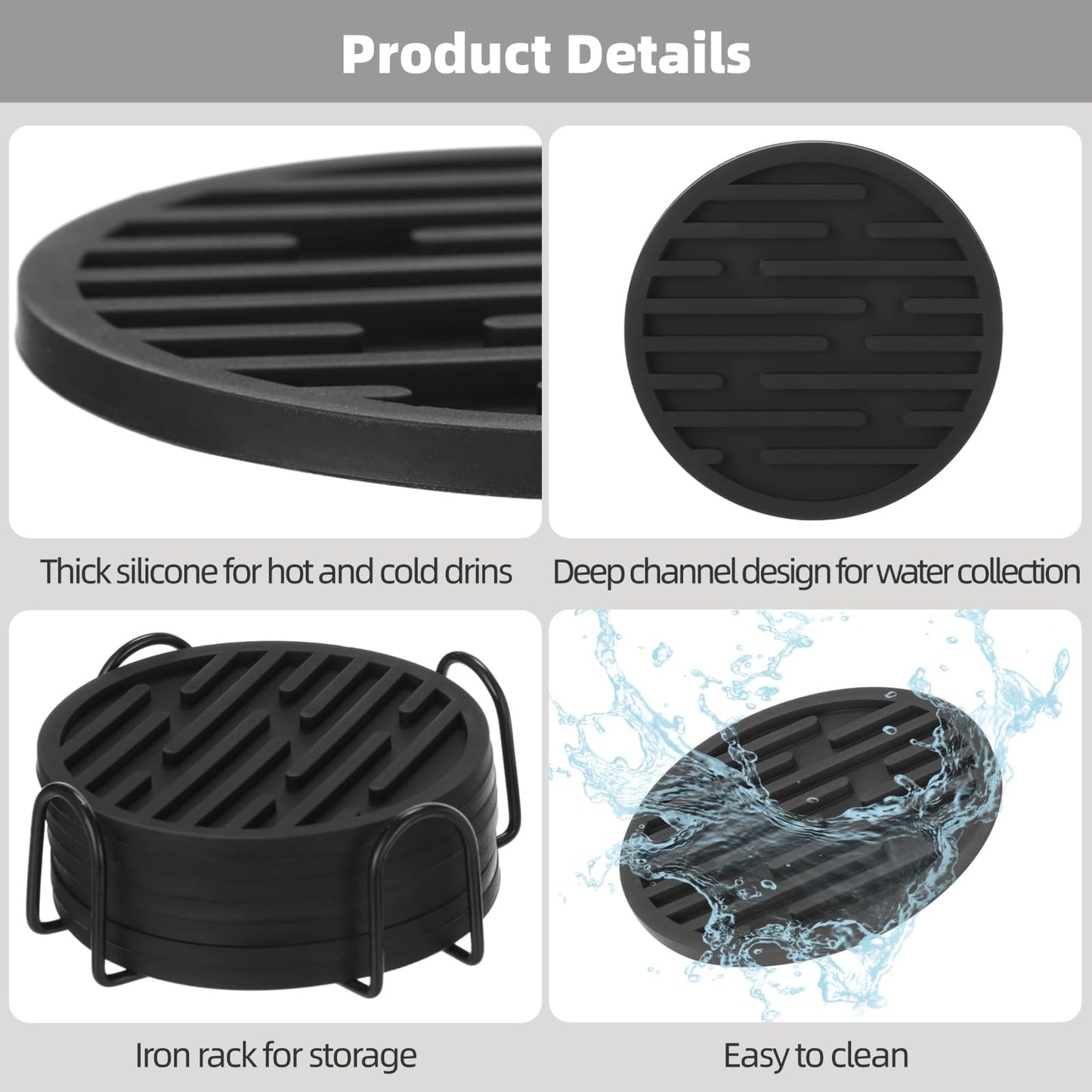 8 Pcs Black Silicone Coasters Set with Storage Holder, 3.9 in Round Modern Groove Pattern Drink Mats, Thick Non-Slip Coasters for Home Office Tabletop Protection