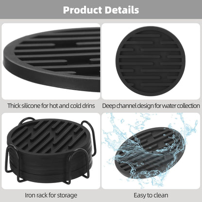 8 Pcs Black Silicone Coasters Set with Storage Holder, 3.9 in Round Modern Groove Pattern Drink Mats, Thick Non-Slip Coasters for Home Office Tabletop Protection