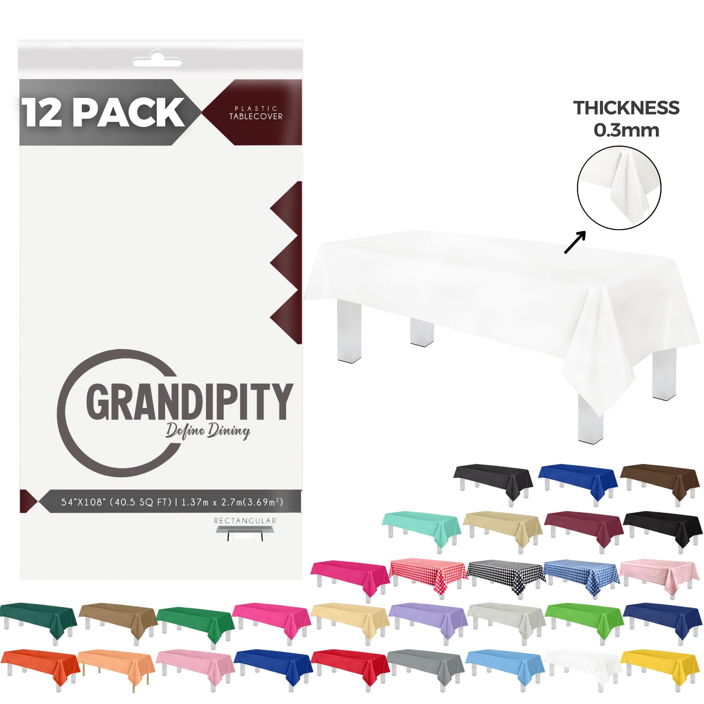 Grandipity 12 Pack Premium Disposable Plastic Tablecloth 54 Inch. x 108 Inch. with 0.3mm Thickness Table Cover - White