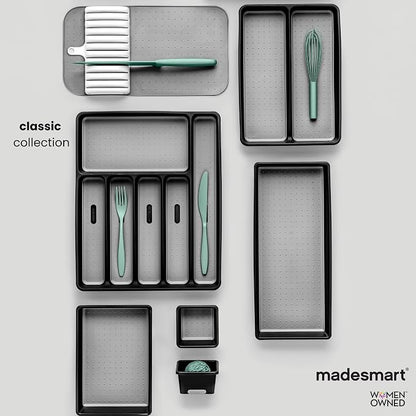 madesmart Classic 3 Bin Drawer Organizer Set, Carbon | non slip feet, rounded corners, modular layout, mixed sizes, custom fit, office craft supplies, makeup tools, woman owned