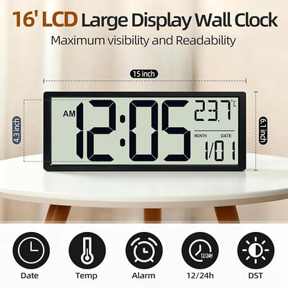 16" Digital Wall Clock, Battery-Operated with Large LCD Display, Jumbo Number Modern Decorative Clock with Alarm, Date, Calendar, Temperature for Elderly, Senior Bedroom, Living Room, Kitchen
