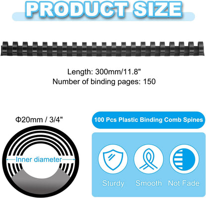 PATIKIL 20mm (3/4") Plastic Binding Combs, 100 Pcs 21 Rings Comb Binding Spines 150 Sheet Capacity Letter Size for Binding Paper Sheets Notebook Calendar Picture Album, Black