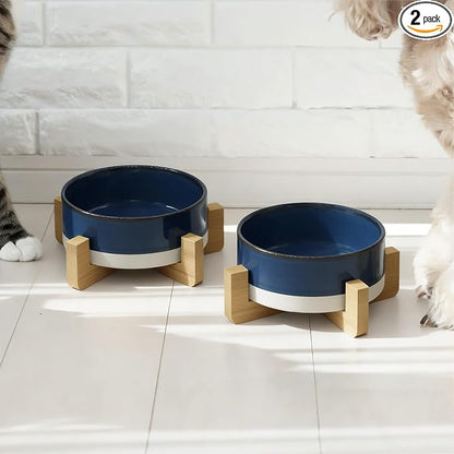 Elevated Ceramic Cat and Dog Double Bowl Set - 14 oz Lead-Free Feeder with Two Natural Bamboo Wood Stands (Blue)