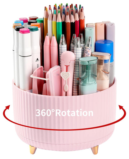 EDENMS Desk Pencil Pen Holder, 5 Slots 360°Degree Rotating Organizers for Desk, Desktop Storage Stationery Supplies Organizer, Cute Cup Pot Office, School, Home, Art Supply, Pink