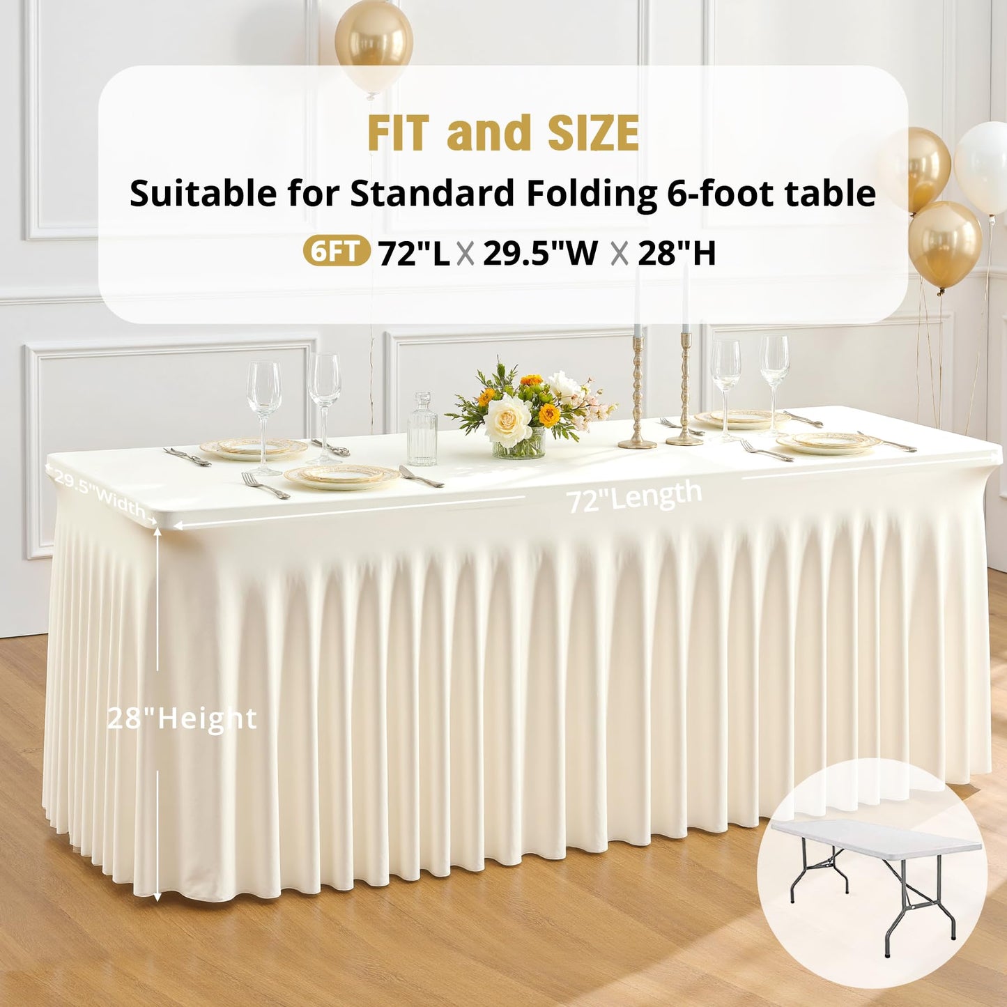 2 Pack Ivory Spandex Tablecloths for Rectangle Tables 6 Foot Ivory Stretch Table Cloth Rectangle 6ft Elastic Fitted Table Cover with Skirt for Wedding Birthday Party Banquet Baby Shower Buffet Event