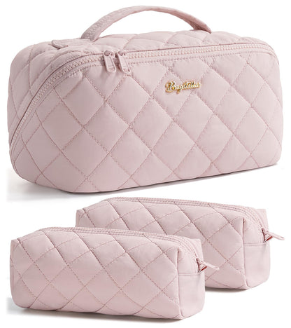 Travel Makeup Bag, 3 Pcs Large Capacity Puffy Toiletry Bag for Women, Open Flat Make up Cosmetic Organizer w/Handle & Clear Divider Water-resistant Portable Pouch Travel Essentials, L-Light Pink