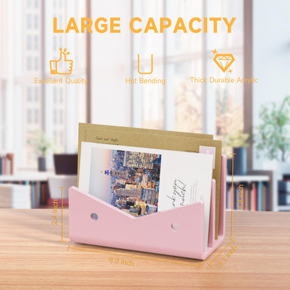 Rulyyo Mail Organizer Envelope Holder - 2 Compartments Pink Acrylic Mail Holder Countertop Vertical Desk Organizer Small File Bill Document Notebook Letter Sorter for Home School Office Supplies