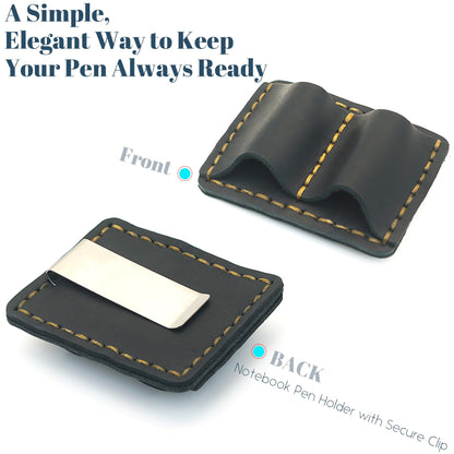 ESSSO Pen Holder for Notebook – Handmade Vintage Top-Grain Leather Notebook Pen Holder with Clip & Pen Loop for Journal, Planner & Bible (Black)
