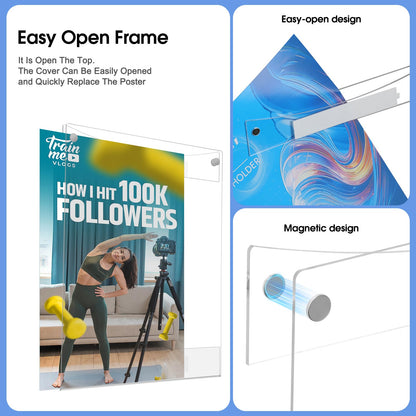 Novacrylion Acrylic Sign Holder 8.5 x 11 Wall Mount, Adhesive & Magnetic Back - Vertical or Horizontal Mount for Office, Classroom, Retail Displays on Glass, Doors, Wood, or Other Smooth Surfaces